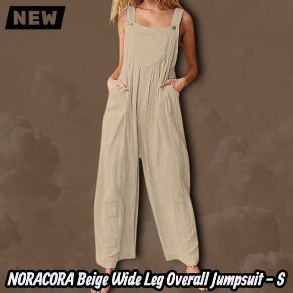 Pants - NEW NORACORA Beige Wide Leg Overall Jumpsuit Adjustable Straps Size S